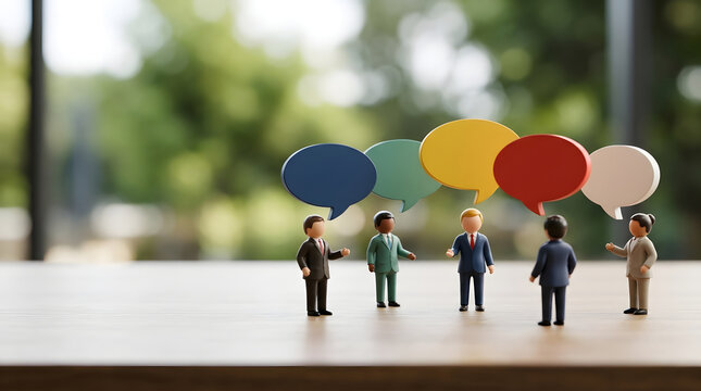 Professional miniature figures engaged in a collaborative teamwork discussion and customer feedback session featuring vibrant speech bubbles on a wooden surface with natural bokeh background.