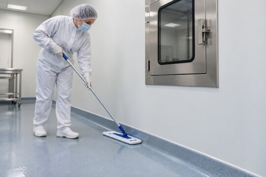 Cleanroom operator mopping floor in sterile laboratory facility