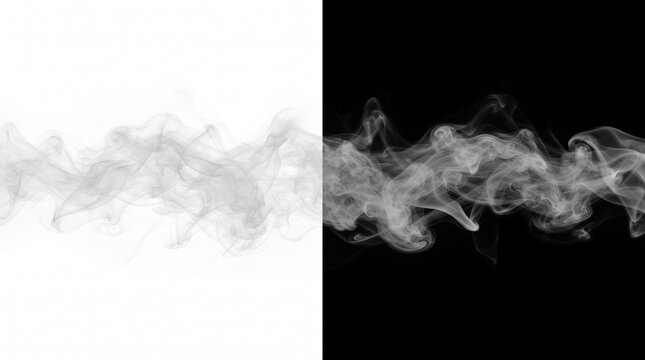 White smoke swirling across a split black and white background
