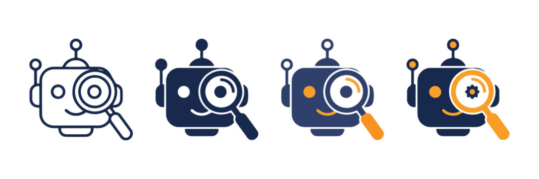 Robot with Magnifying Glass vector illustration featuring flat blue and orange icons for artificial intelligence