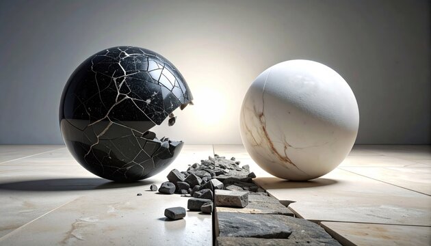 Shattered black marble sphere and smooth white stone ball.
