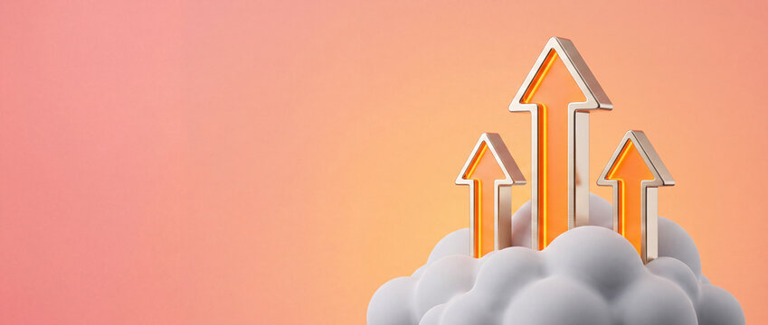 Three 3D Golden Arrows Pointing Upwards from Fluffy White Clouds on Orange Gradient Background Representing Business Growth, Success, Financial Progress, and Cloud Computing Concept