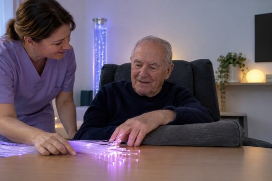 Caregiver helping senior man with sensory fiber optic lights
