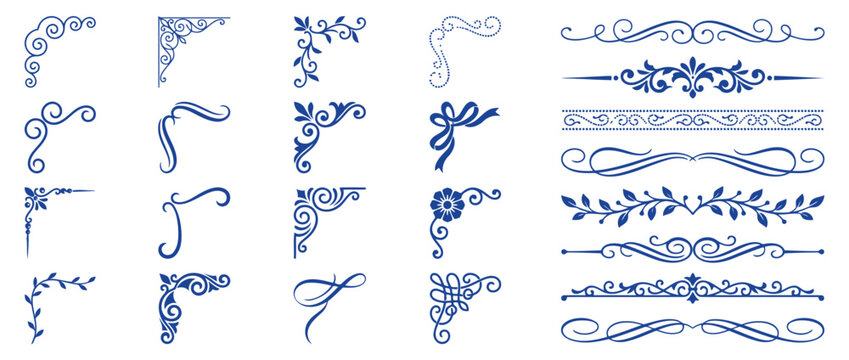 Premium set of elegant floral and scroll corner flourishes, decorative page dividers, and ornamental calligraphic frames for wedding invitations and classic stationery design