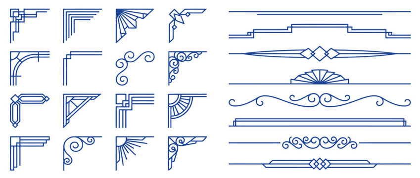Premium set of vintage art deco corner and border elements, geometric line frames, decorative dividers, and ornamental flourishes for elegant stationery and graphic design projects