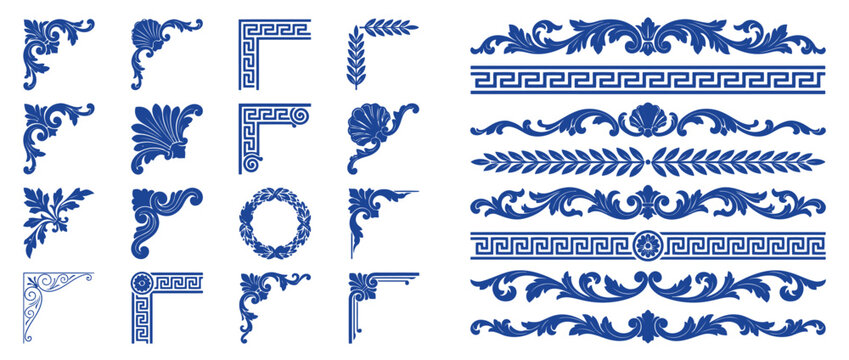 Premium collection of classical greek style corner ornaments and decorative borders, ornate baroque frames and meander patterns for architectural or stationery design