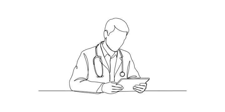 Continuous single line drawing of a male doctor with a stethoscope using a tablet computer to check patient medical records in a hospital office setting