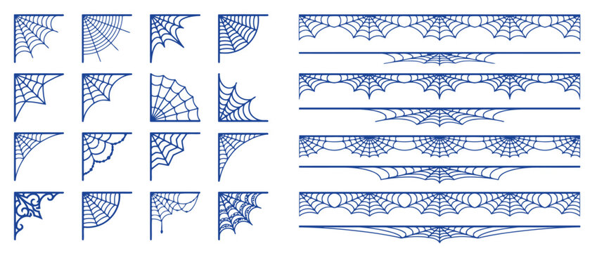Premium set of spider web corner ornaments and decorative dividers, spooky halloween themed frames and border elements for festive party invitations and graphic design