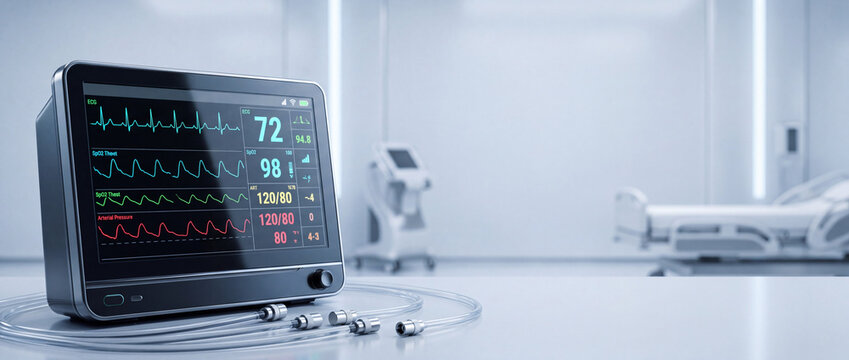 Modern medical patient monitor displaying vital signs like ECG heart rate and blood pressure on a digital screen in a clean contemporary hospital room or intensive care unit setting.