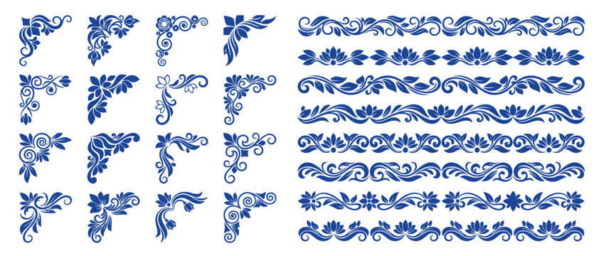 Premium set of ornate floral corner and border elements, decorative flourishes and symmetrical vine patterns for elegant framing and page design