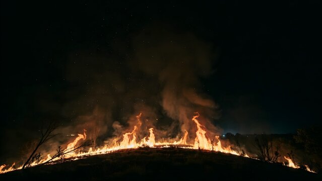 Large Wildfire Burning on Mountain Slope During Night with Smoke and Flames