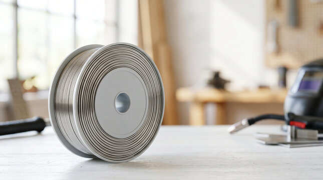 Welding rod spool of stainless steel coiled wire on a workbench  