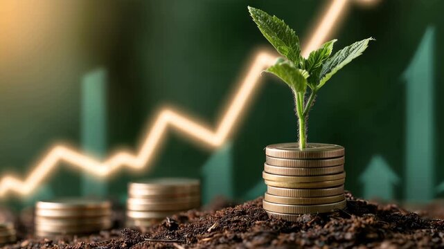 Green plant growing from stacked coins with rising financial growth chart