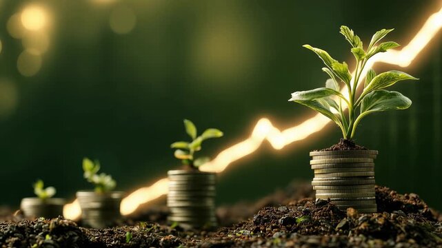 Growing plants on stacked coins with upward financial chart and investment concept