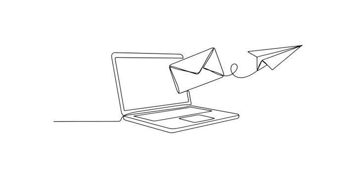 Continuous single line drawing of a laptop computer with an envelope and a paper plane representing digital email communication and fast message delivery