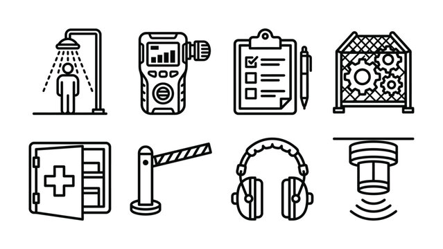 Industrial Safety Icons: A collection of clear and concise line icons representing various aspects of industrial safety, including a shower, a detection device, a checklist, machinery protection.