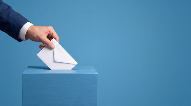 Businessman hand putting white envelope into blue ballot box for election or feedback on blue background.