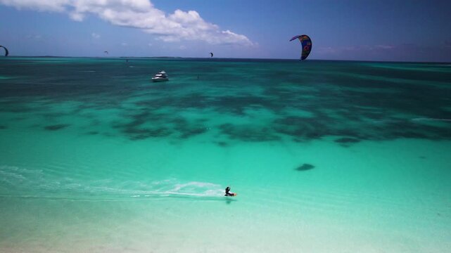 Aerial view of kite surfing in Los Roques, Venezuela.