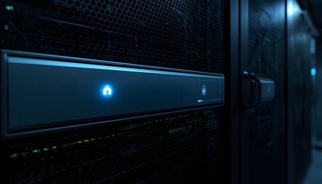 Extreme close-up of a glowing server rack security module inside a dark modern data center facility