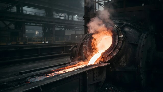 Melting metal pouring from industrial furnace in factory during manufacturing process