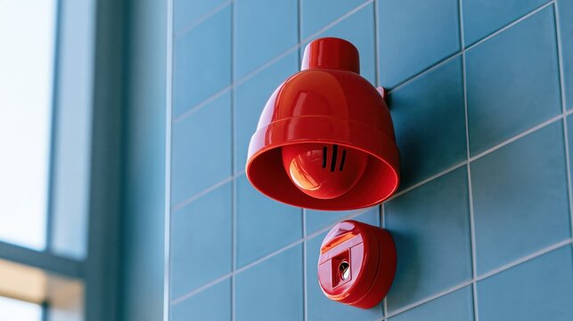 A bright red fire alarm bell and manual call point mounted on a blue tiled wall in a building