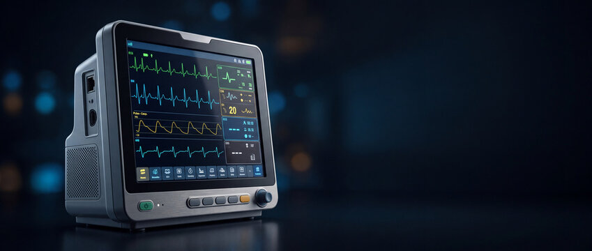 Modern medical monitor displaying vital signs and ECG waves in a dark clinical setting, showing heart rate and pulse data for patient care and healthcare technology.