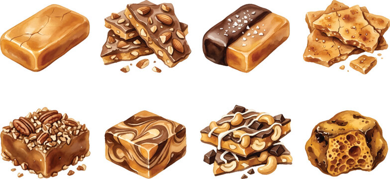 Vector Illustration Watercolor caramel and toffee sweets set with almond bark, salted caramel, pecan fudge, and honeycomb candy