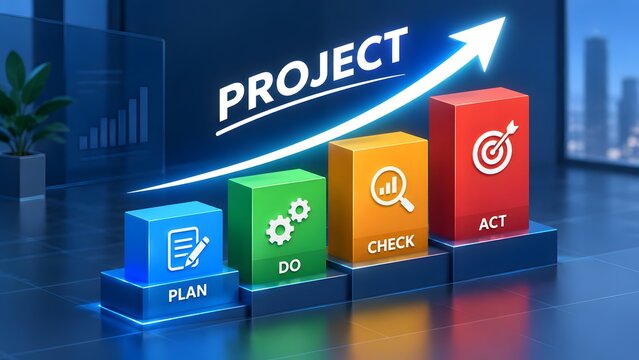 Project plan do check act blocks with glowing ascending arrow representing continuous improvement cycle