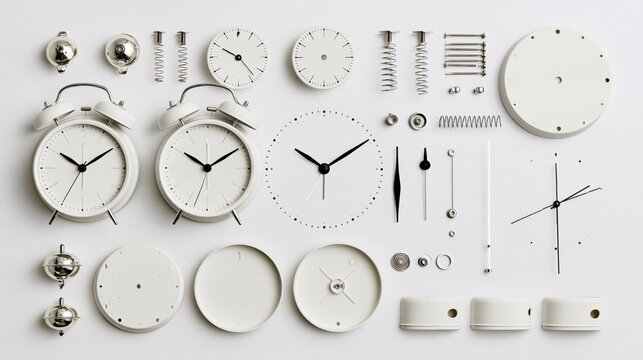 Exploded view of disassembled alarm clock components arranged neatly on a clean white background