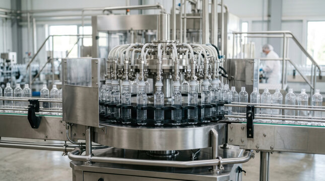 Industrial bottle filling machine operating in a modern beverage plant