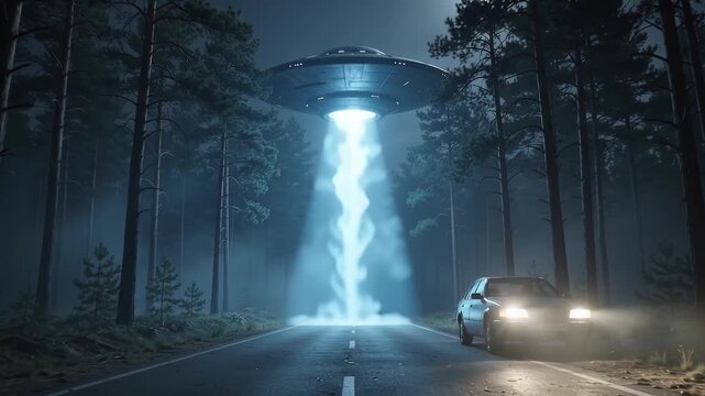 UFO beaming light down onto a misty forest road by a car