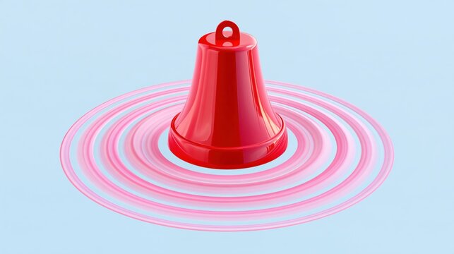 A glossy red alarm bell centered on a pale blue background with radiating pink sound waves