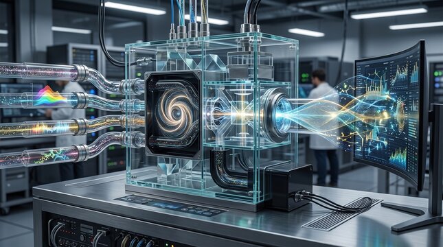 Advanced quantum computing processor in a laboratory setting with data visualization.