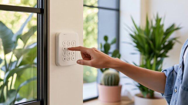 A person pressing a button on a white home security alarm keypad mounted on a wall by a window
