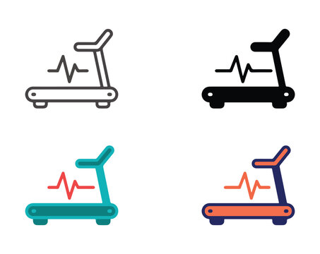 Treadmill heart rate icons in flat and outline styles featuring cardio equipment for fitness app design vector