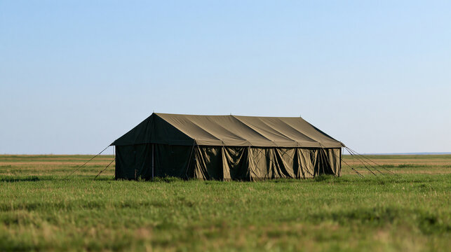 large military tent standing alone in a vast open field under a bright clear sky, wide daylight landscape shot, green grass extending to the horizon, strategic field camp, outdoor