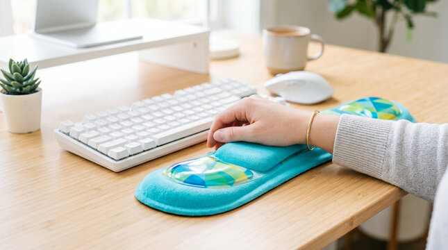 Gel wrist rest pad positioned on a desk with a hand resting on it  