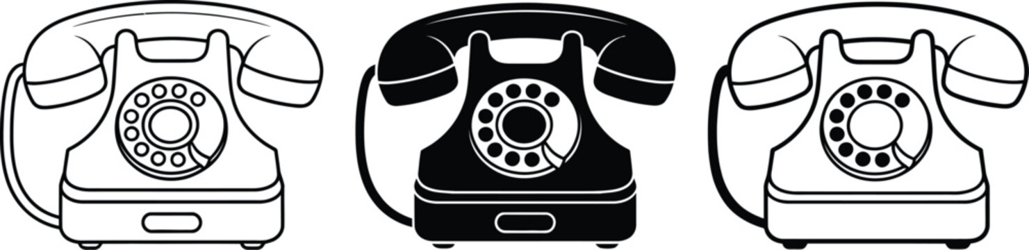 Three rotary telephones illustration, vintage communication equipment, classic telephone set, retro office technology, old fashioned phone, isolated objects, nostalgic design.