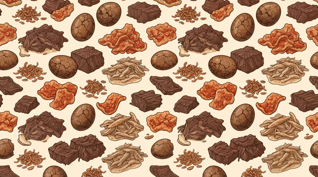 A dense, appetizing vector illustration seamless pattern of traditional Yogyakarta Gudeg components on a warm light cream background, featuring repeating detailed objects from various angles: dark bro