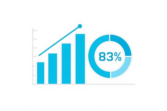 Blue business charts with rising bar graph and a circle diagram showing eighty-three percent