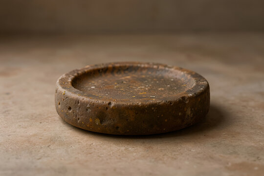 Smooth river-stone soap dish on quiet artist studio floor with amber tones