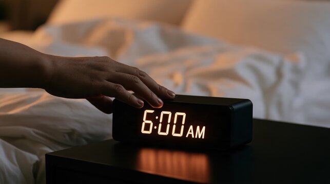 A person reaching to turn off a digital alarm clock showing six in the morning in a dark bedroom
