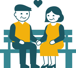 Obraz premium Flat vector illustration of a happy senior couple sitting on a park bench and holding hands, symbolizing love and lifelong companionship