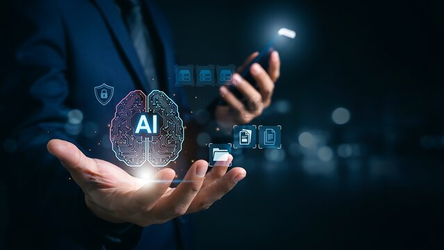 Person holding smartphone with glowing artificial intelligence interface representing machine learning innovation and digital technology
