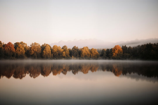 Calm lake sunrise with colorful autumn trees reflection and mist. AI generated