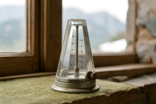 Optical refractometer on sun-faded windowsill in mountain shelter