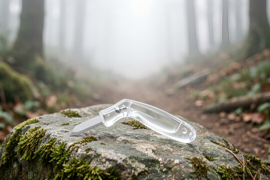 Pristine craft knife with translucent resin handle resting on mossy forest trail rock