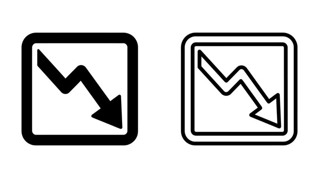 Black and white business decline chart icons featuring downward pointing arrows inside square frames