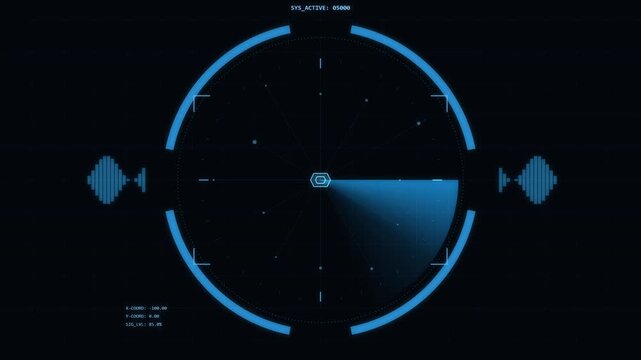 Digital radar screen interface scanning for targets, technology and navigation, electronic display with blue glowing elements and signals