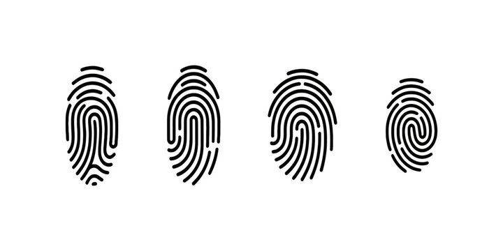 Set of four black fingerprint icons showing unique human identification patterns